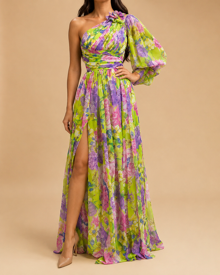 Floral One Shoulder Split Summer Maxi Dress