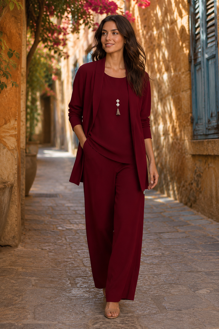 3-piece Cardigan Suit Pure Color Split Sleeveless Vest Top Long Sleeve Jacket And Wide Leg Pants Set