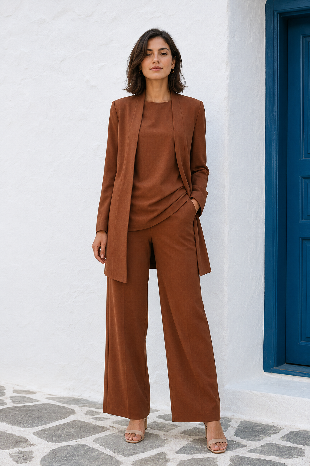 3-piece Cardigan Suit Pure Color Split Sleeveless Vest Top Long Sleeve Jacket And Wide Leg Pants Set
