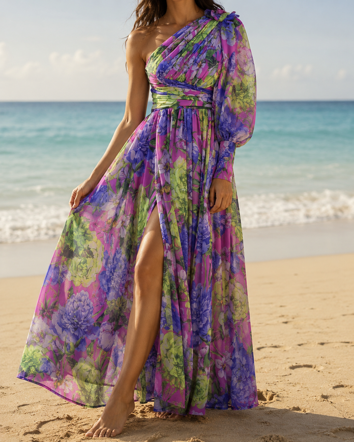 Floral One Shoulder Split Summer Maxi Dress