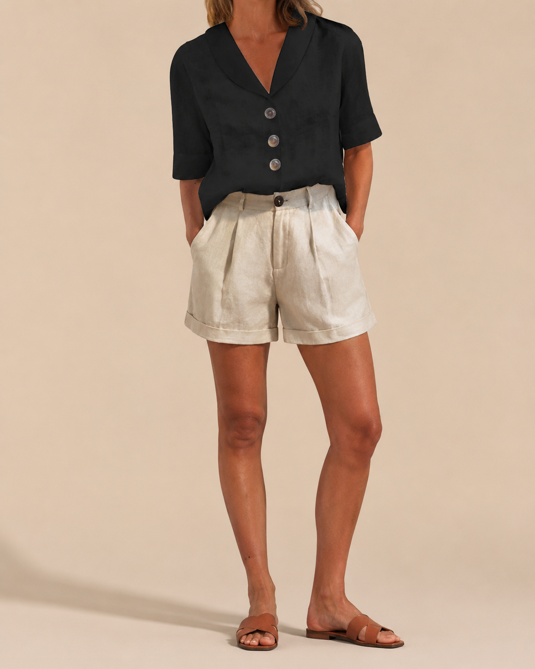 V-Neck Button Front Short Sleeve Blouse